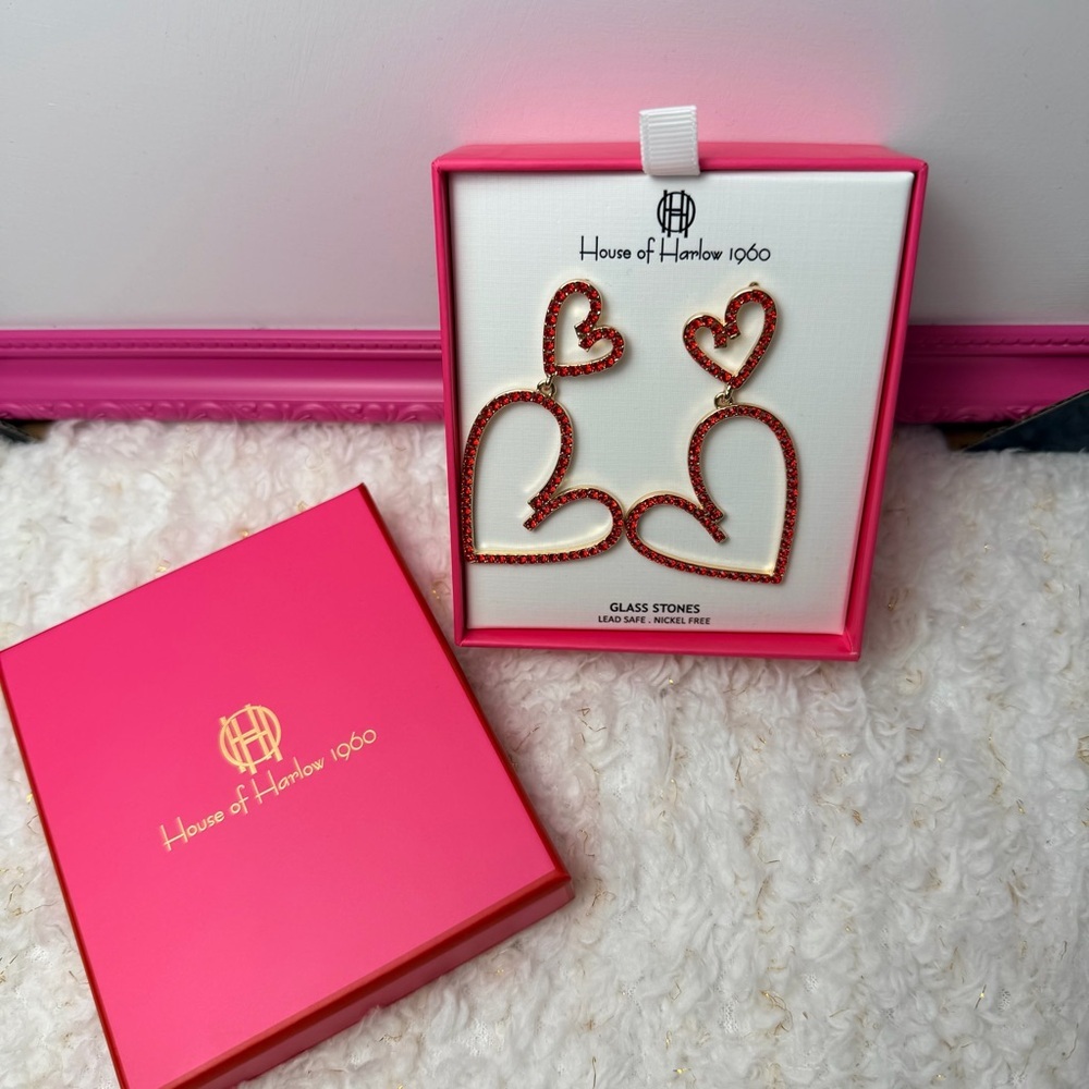 House of Harlow 1960, rhinestone heart‎ earrings medium sized - Picture 6 of 8